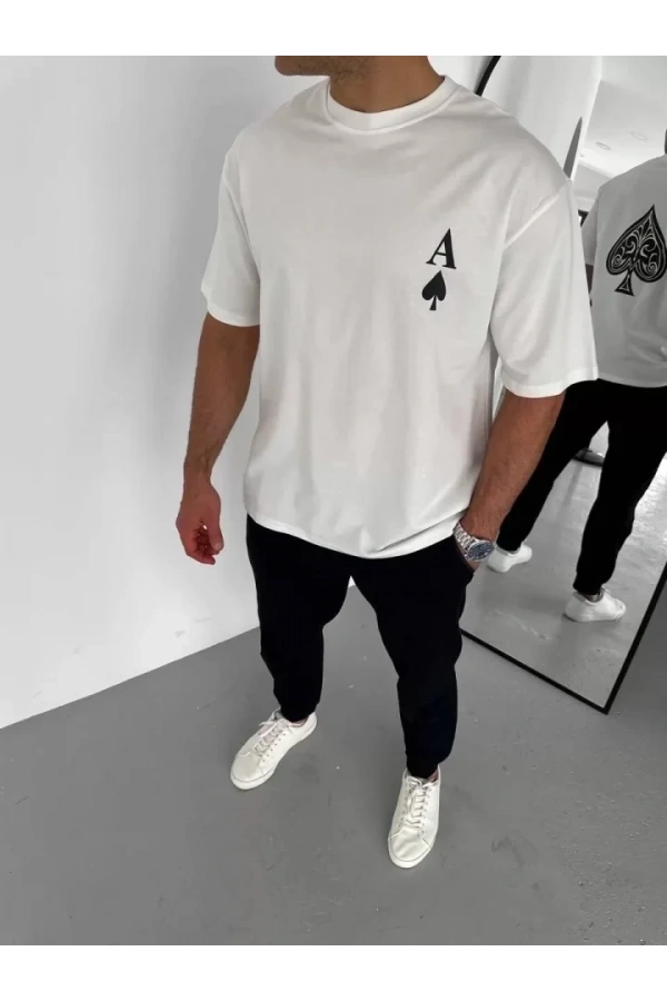 Bidebuvar Unisex Bisiklet Yaka Baskılı Oversize T-Shirt - Beyaz