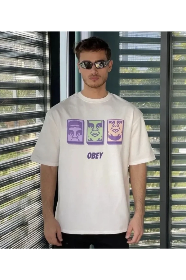 Bidebuvar Unisex Bisiklet Yaka Baskılı Oversize T-Shirt - Beyaz