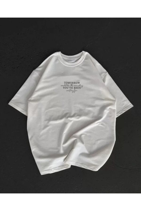 Bidebuvar Unisex Bisiklet Yaka Baskılı Oversize T-Shirt - Beyaz