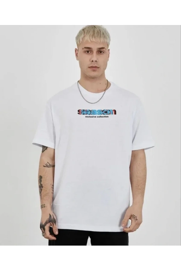 Bidebuvar Unisex Bisiklet Yaka Baskılı Oversize T-Shirt - Beyaz