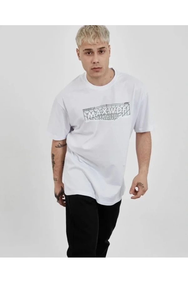 Bidebuvar Unisex Bisiklet Yaka Baskılı Oversize T-Shirt - Beyaz