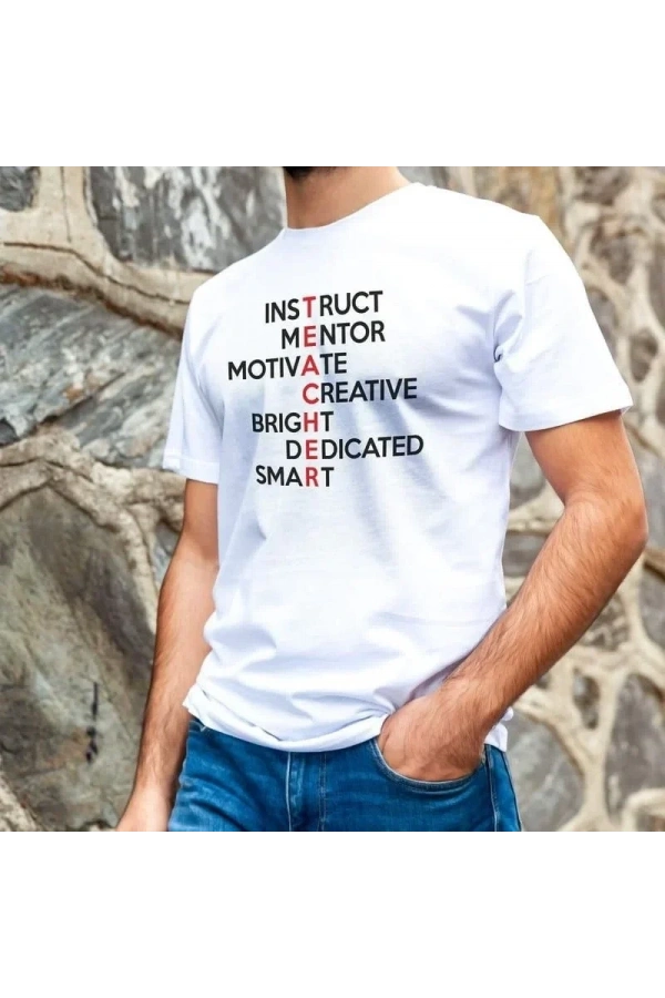 Bidebuvar Unisex Bisiklet Yaka Baskılı Oversize T-Shirt - Beyaz