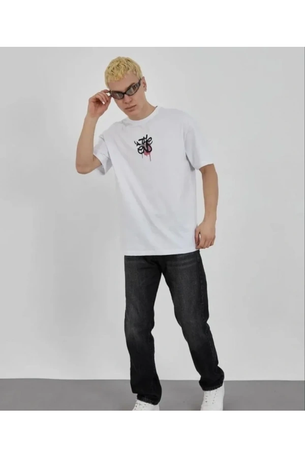 Bidebuvar Unisex Bisiklet Yaka Baskılı Oversize T-Shirt - Beyaz