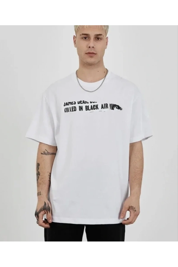 Bidebuvar Unisex Bisiklet Yaka Baskılı Oversize T-Shirt - Beyaz