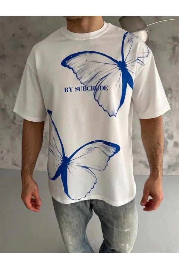 Bidebuvar Unisex Bisiklet Yaka Baskılı Oversize T-Shirt - Beyaz