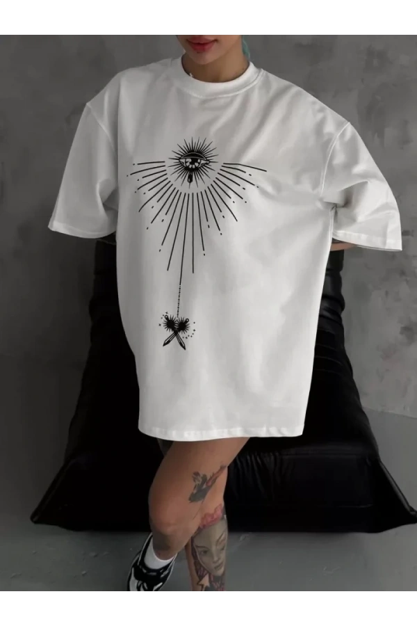 Bidebuvar Unisex Bisiklet Yaka Baskılı Oversize T-Shirt - Beyaz