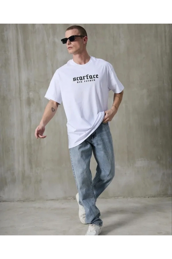 Bidebuvar Unisex Bisiklet Yaka Baskılı Oversize T-Shirt - Beyaz