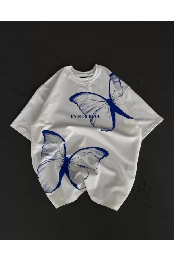 Bidebuvar Unisex Bisiklet Yaka Baskılı Oversize T-Shirt - Beyaz