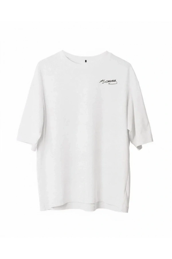 Bidebuvar Unisex Bisiklet Yaka Baskılı Oversize T-Shirt - Beyaz