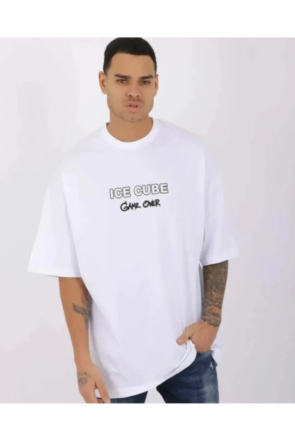 Bidebuvar Unisex Bisiklet Yaka Baskılı Oversize T-Shirt - Beyaz