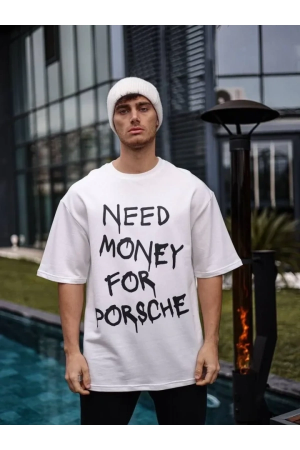 Bidebuvar Unisex Bisiklet Yaka Baskılı Oversize T-Shirt - Beyaz