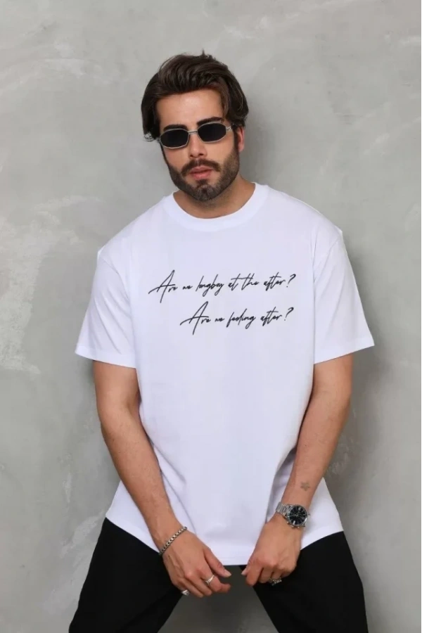 Bidebuvar Unisex Bisiklet Yaka Baskılı Oversize T-Shirt - Beyaz