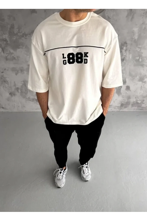 Bidebuvar Unisex Bisiklet Yaka Baskılı Oversize T-Shirt - Beyaz