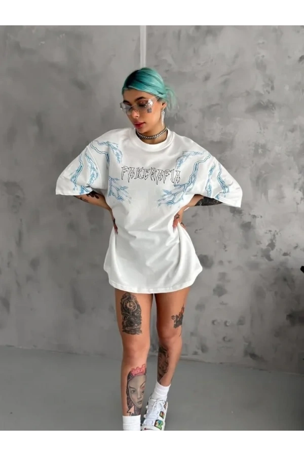 Bidebuvar Unisex Bisiklet Yaka Baskılı Oversize T-Shirt - Beyaz