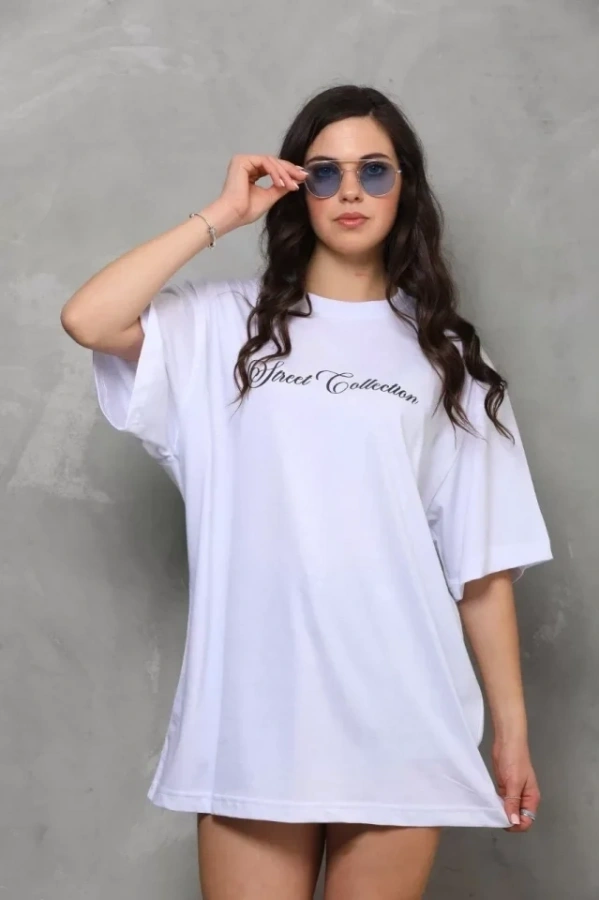 Bidebuvar Unisex Bisiklet Yaka Baskılı Oversize T-Shirt - Beyaz