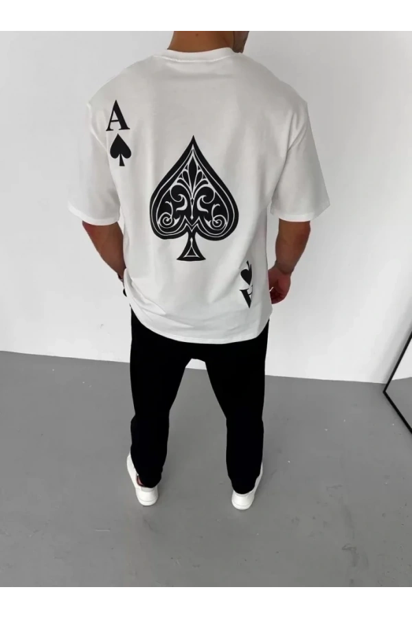 Bidebuvar Unisex Bisiklet Yaka Baskılı Oversize T-Shirt - Beyaz