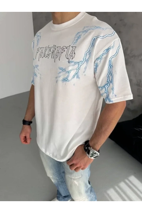 Bidebuvar Unisex Bisiklet Yaka Baskılı Oversize T-Shirt - Beyaz