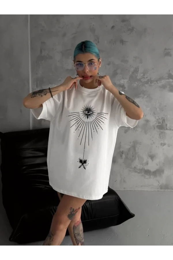 Bidebuvar Unisex Bisiklet Yaka Baskılı Oversize T-Shirt - Beyaz