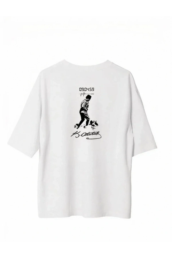 Bidebuvar Unisex Bisiklet Yaka Baskılı Oversize T-Shirt - Beyaz