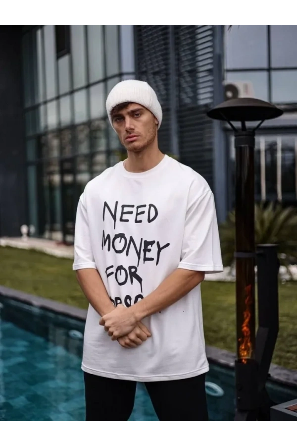 Bidebuvar Unisex Bisiklet Yaka Baskılı Oversize T-Shirt - Beyaz