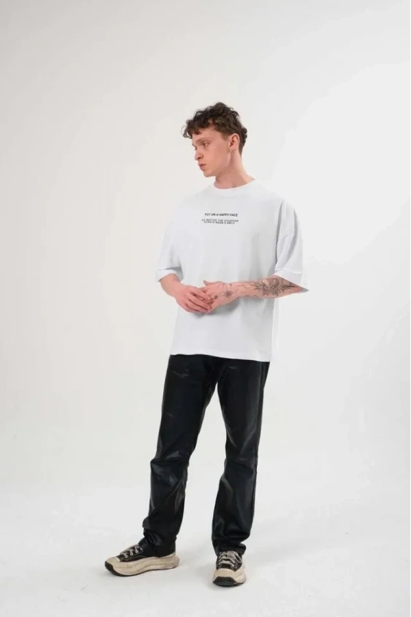 Bidebuvar Unisex Bisiklet Yaka Baskılı Oversize T-Shirt - Beyaz