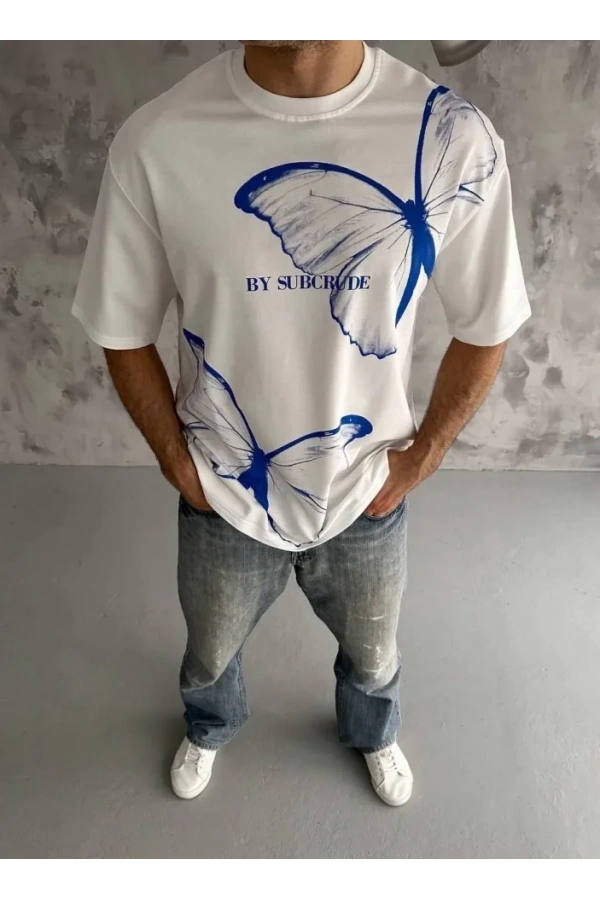 Bidebuvar Unisex Bisiklet Yaka Baskılı Oversize T-Shirt - Beyaz