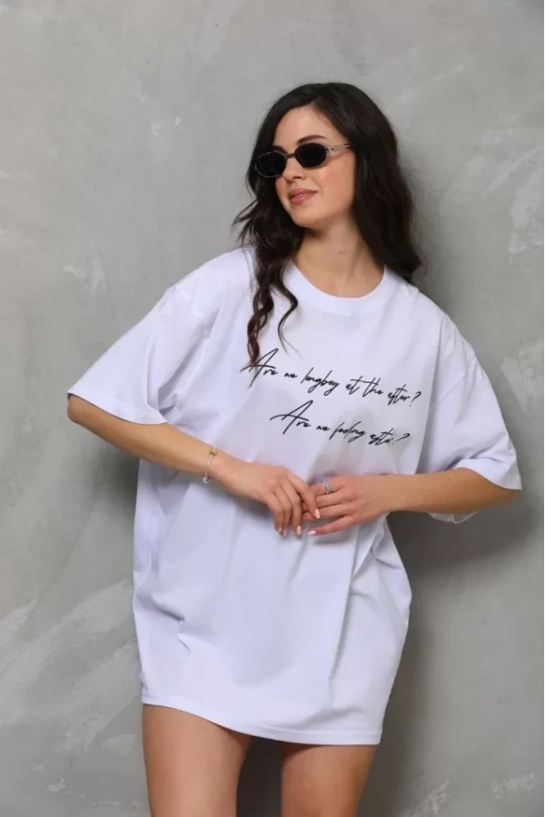 Bidebuvar Unisex Bisiklet Yaka Baskılı Oversize T-Shirt - Beyaz