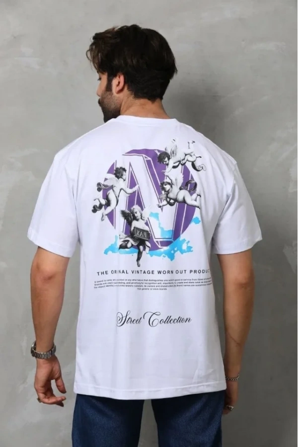 Bidebuvar Unisex Bisiklet Yaka Baskılı Oversize T-Shirt - Beyaz