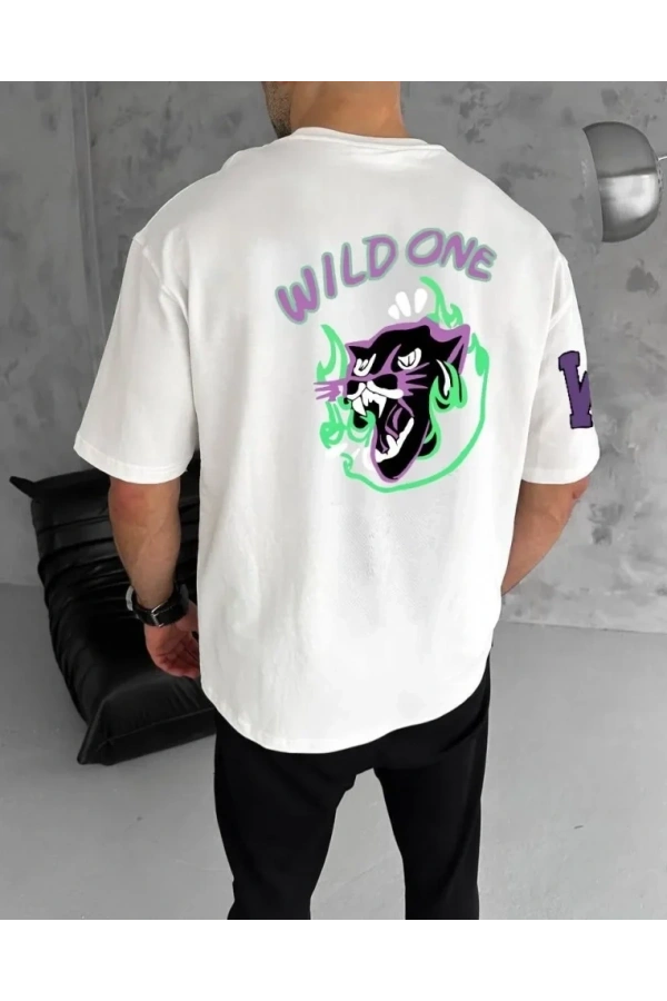 Bidebuvar Unisex Bisiklet Yaka Baskılı Oversize T-Shirt - Beyaz