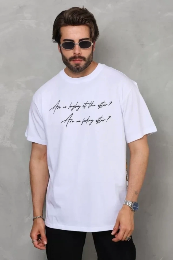 Bidebuvar Unisex Bisiklet Yaka Baskılı Oversize T-Shirt - Beyaz