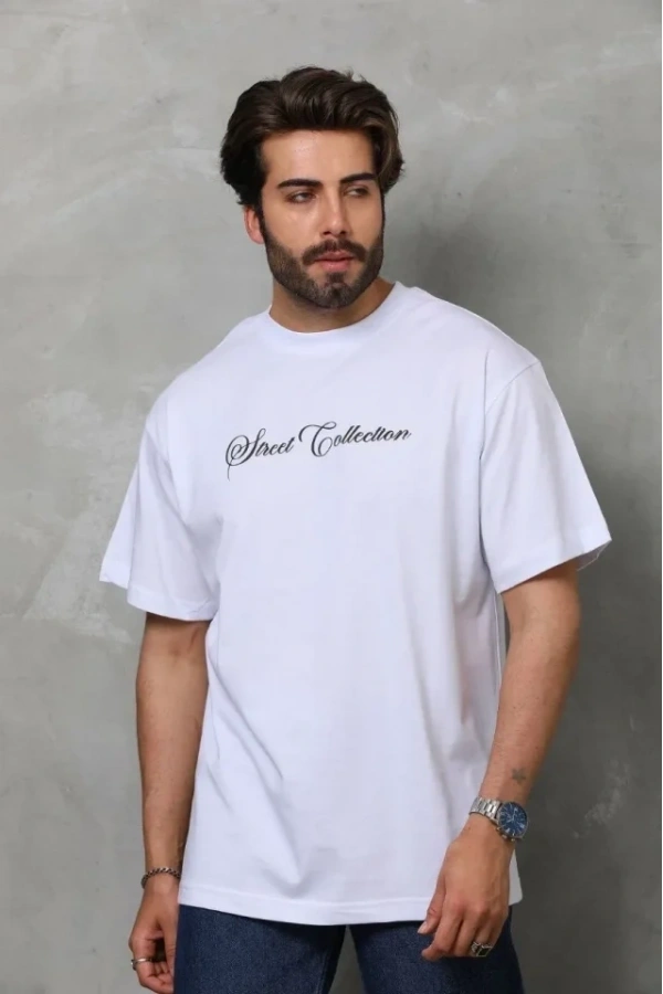 Bidebuvar Unisex Bisiklet Yaka Baskılı Oversize T-Shirt - Beyaz