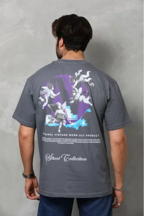 Bidebuvar Unisex Bisiklet Yaka Baskılı Oversize T-Shirt - Füme