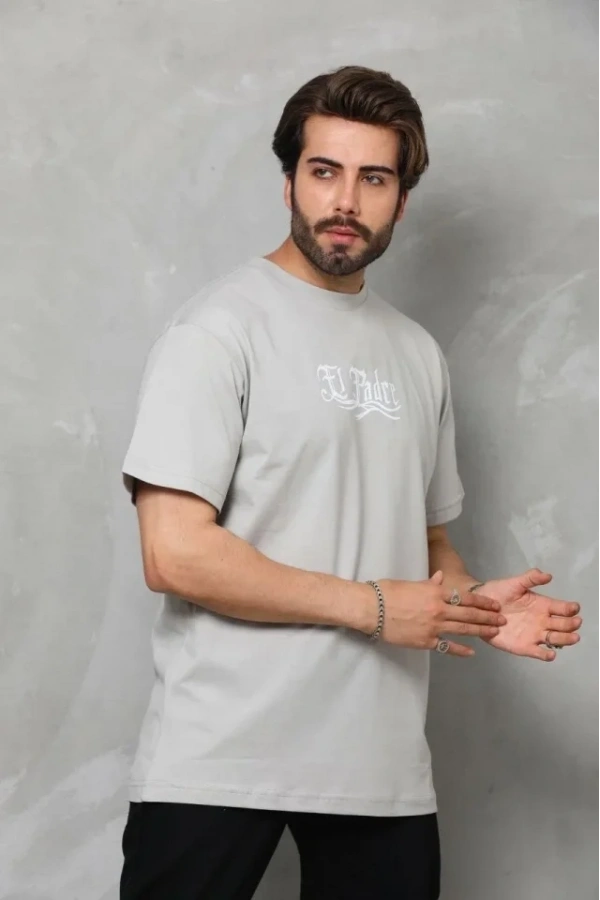 Bidebuvar Unisex Bisiklet Yaka Baskılı Oversize T-Shirt - Gri