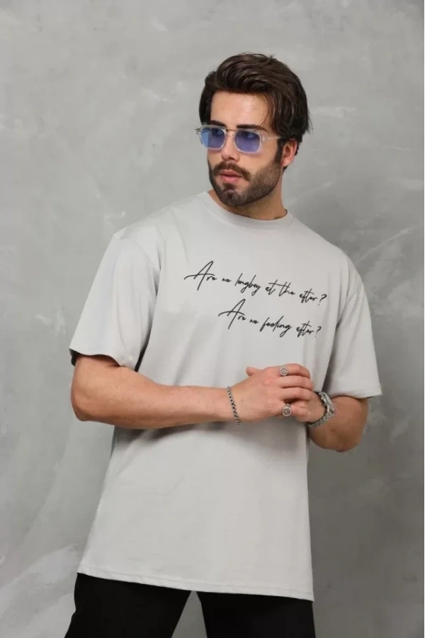 Bidebuvar Unisex Bisiklet Yaka Baskılı Oversize T-Shirt - Gri