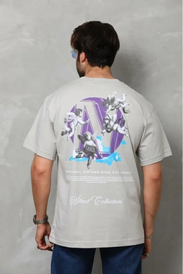 Bidebuvar Unisex Bisiklet Yaka Baskılı Oversize T-Shirt - Gri