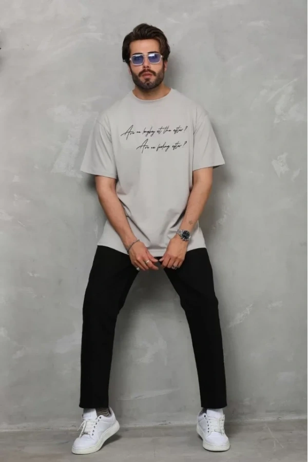 Bidebuvar Unisex Bisiklet Yaka Baskılı Oversize T-Shirt - Gri