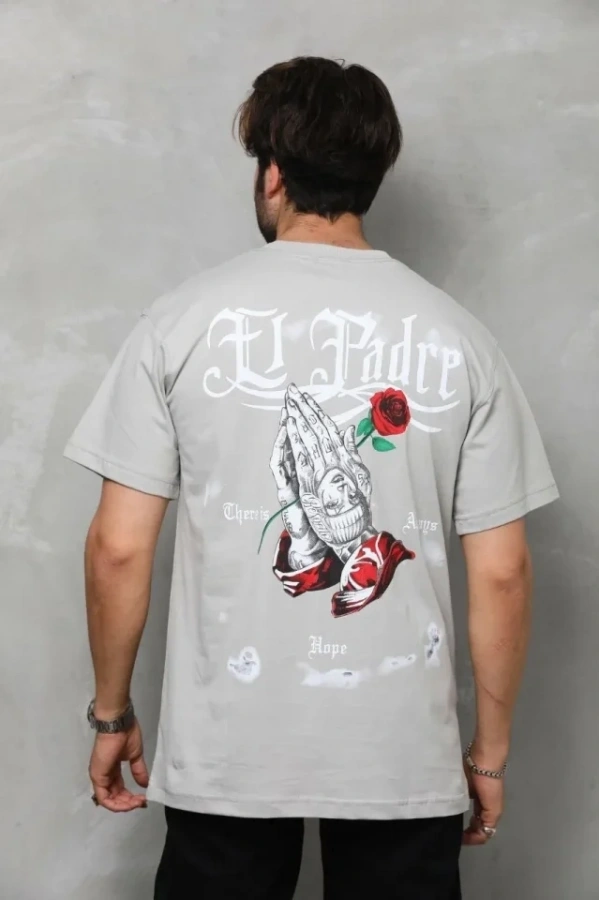 Bidebuvar Unisex Bisiklet Yaka Baskılı Oversize T-Shirt - Gri