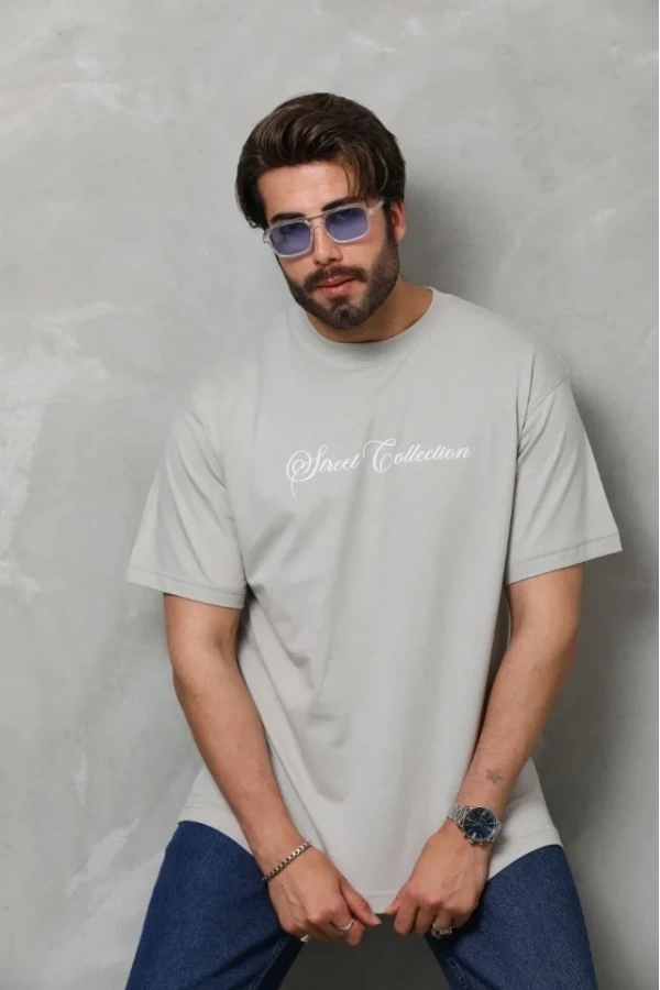 Bidebuvar Unisex Bisiklet Yaka Baskılı Oversize T-Shirt - Gri