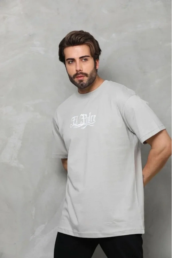 Bidebuvar Unisex Bisiklet Yaka Baskılı Oversize T-Shirt - Gri