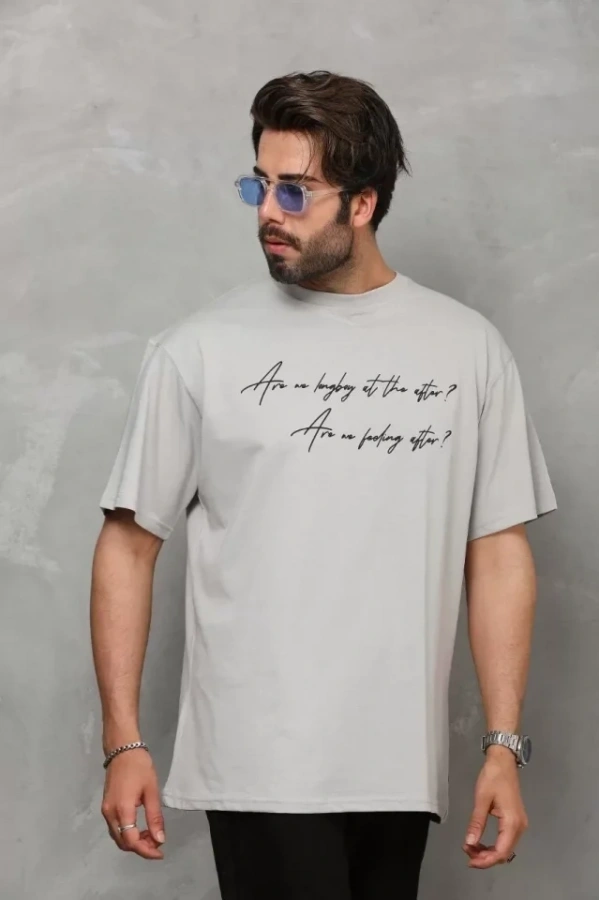 Bidebuvar Unisex Bisiklet Yaka Baskılı Oversize T-Shirt - Gri