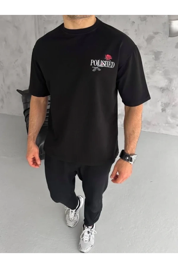 Bidebuvar Unisex Bisiklet Yaka Baskılı Oversize T-Shirt - Siyah