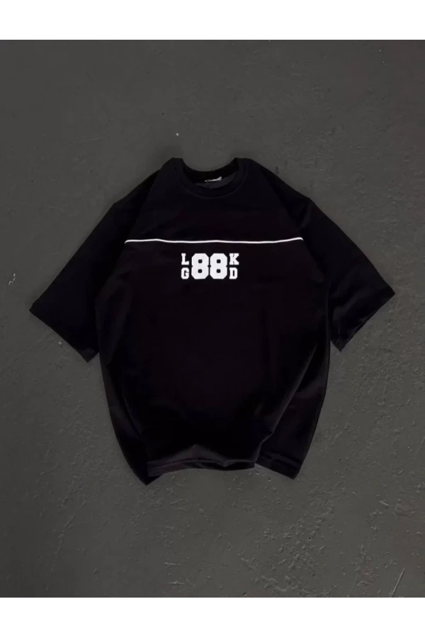 Bidebuvar Unisex Bisiklet Yaka Baskılı Oversize T-Shirt - Siyah