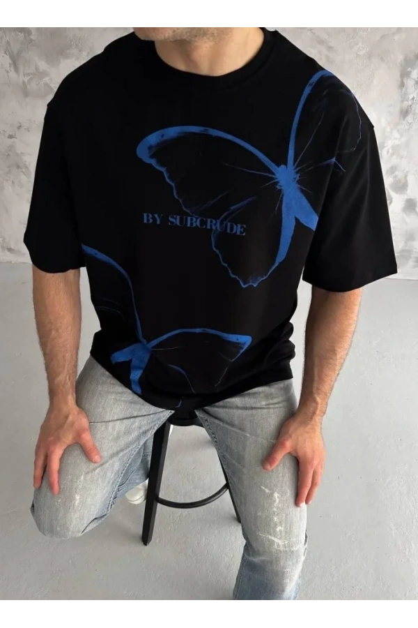 Bidebuvar Unisex Bisiklet Yaka Baskılı Oversize T-Shirt - Siyah