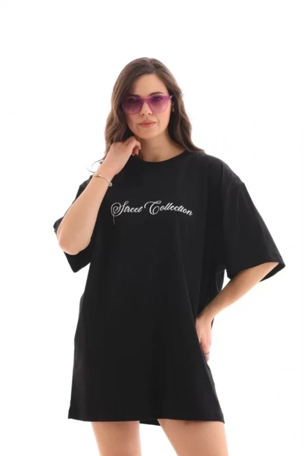 Bidebuvar Unisex Bisiklet Yaka Baskılı Oversize T-Shirt - Siyah