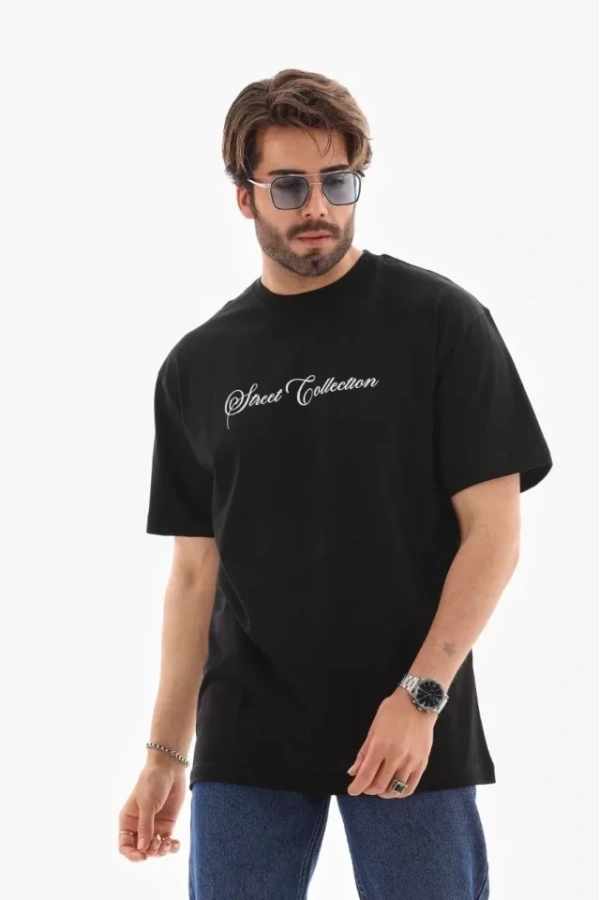 Bidebuvar Unisex Bisiklet Yaka Baskılı Oversize T-Shirt - Siyah