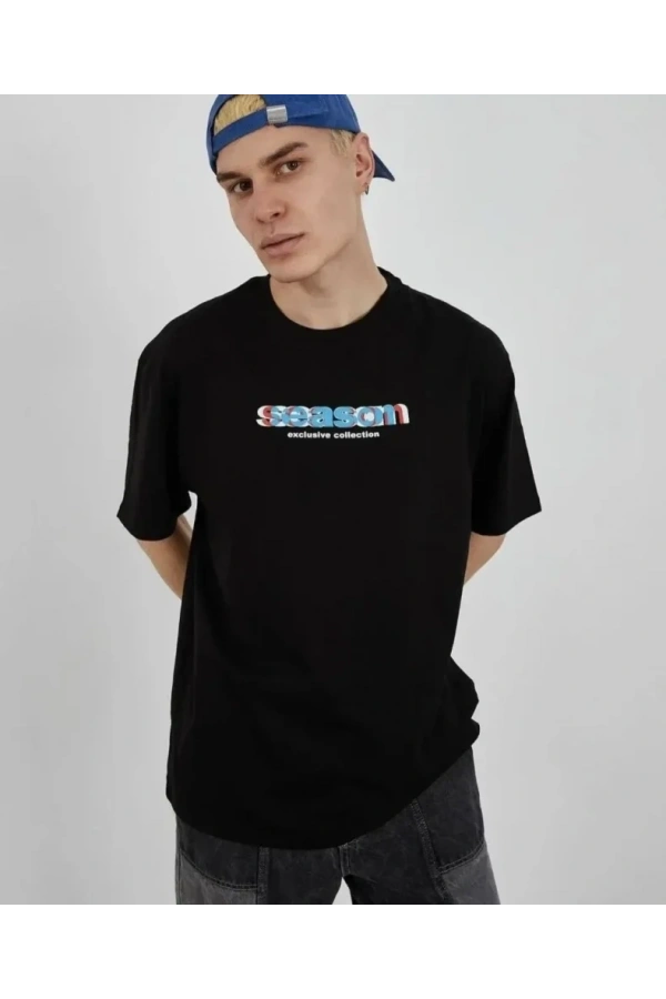 Bidebuvar Unisex Bisiklet Yaka Baskılı Oversize T-Shirt - Siyah