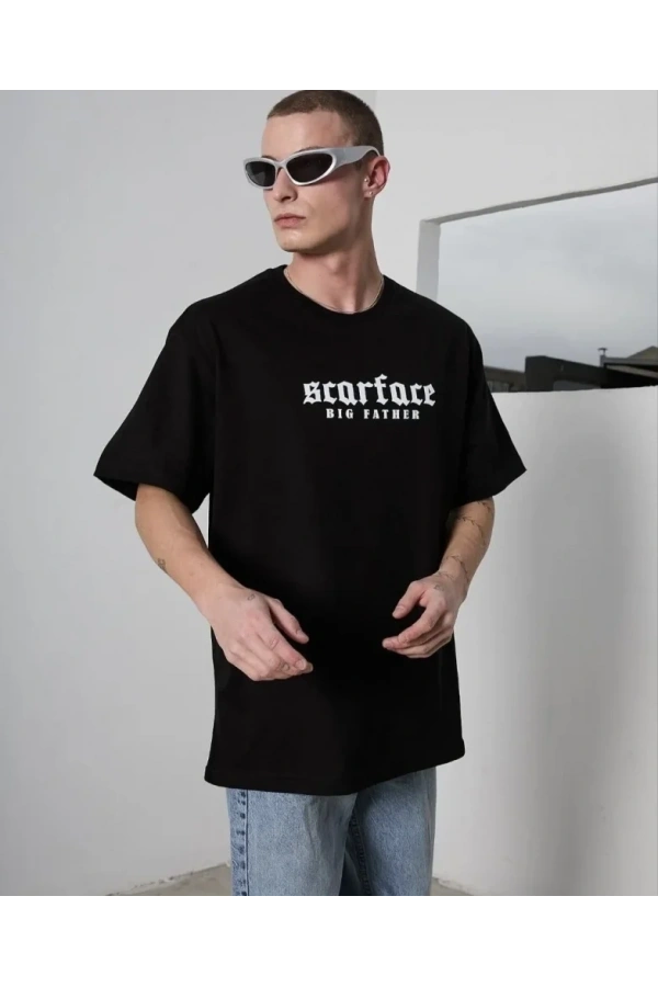 Bidebuvar Unisex Bisiklet Yaka Baskılı Oversize T-Shirt - Siyah