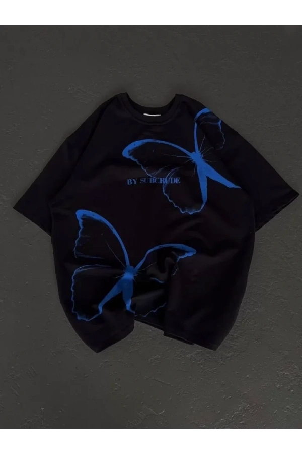 Bidebuvar Unisex Bisiklet Yaka Baskılı Oversize T-Shirt - Siyah