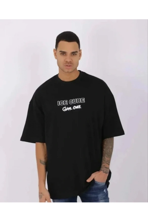 Bidebuvar Unisex Bisiklet Yaka Baskılı Oversize T-Shirt - Siyah