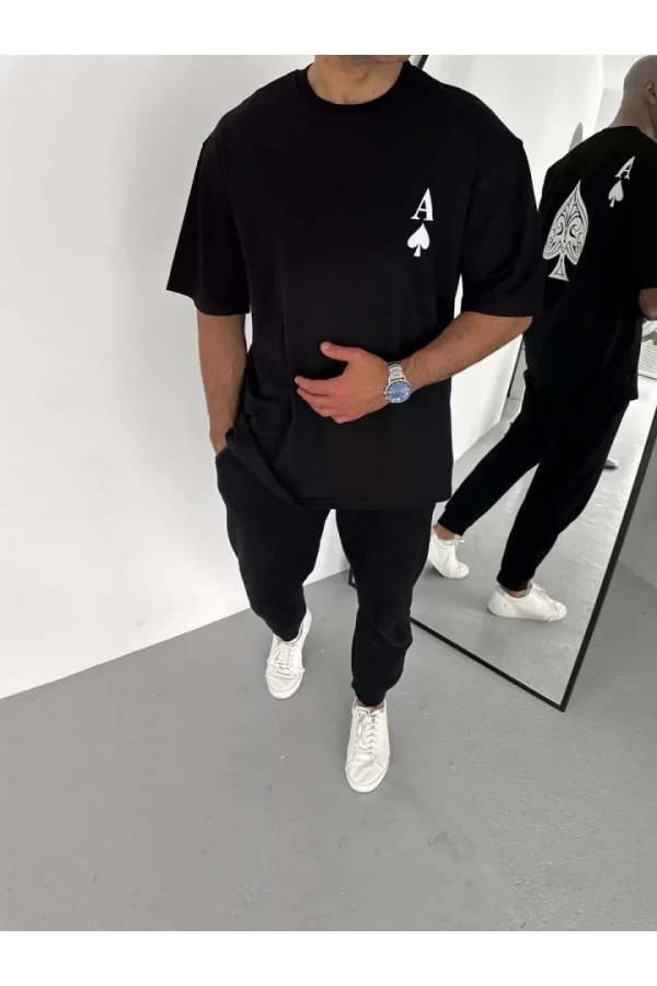 Bidebuvar Unisex Bisiklet Yaka Baskılı Oversize T-Shirt - Siyah